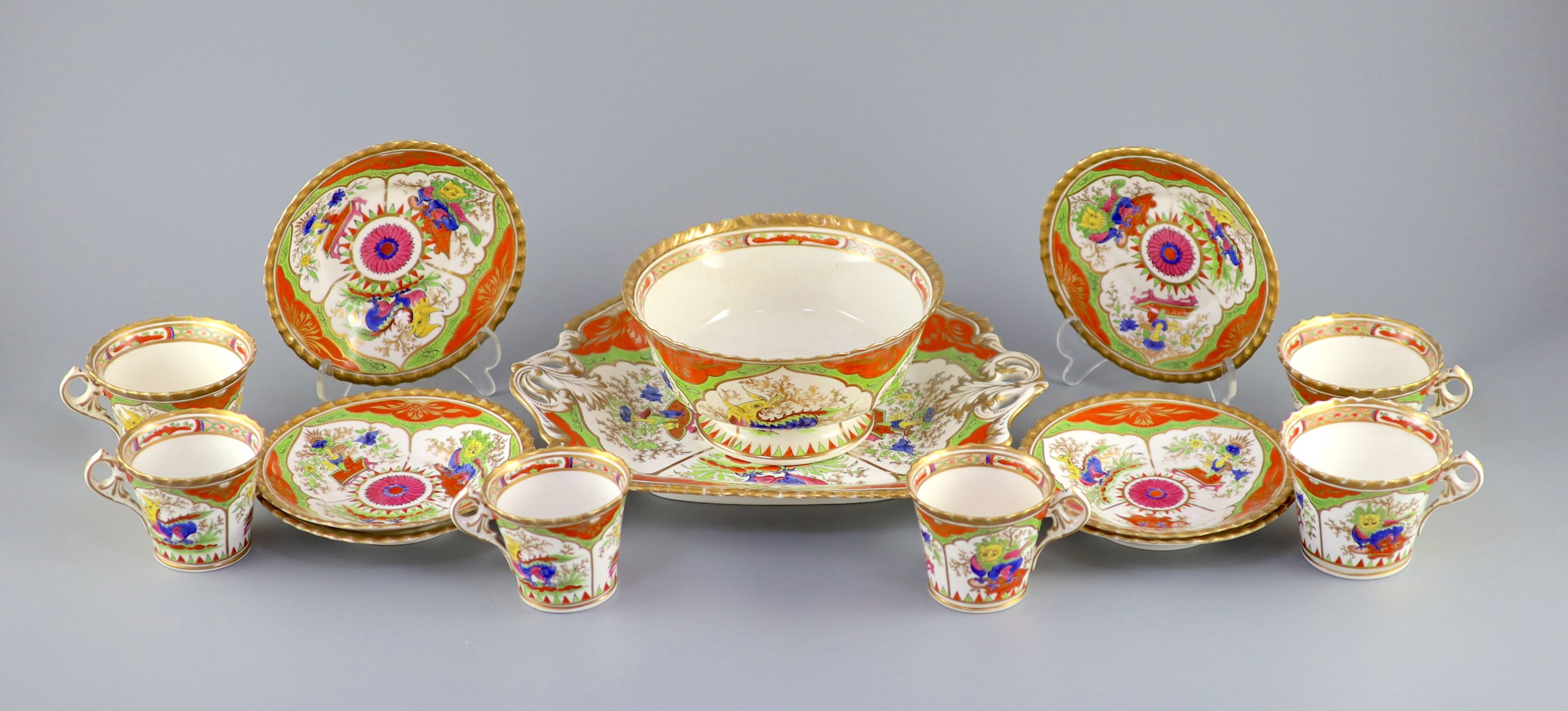 A Chamberlain & Co. Worcester ‘Bengal Tiger’ or ‘Dragons in Compartments’ part tea and coffee set, c.1840, (14)